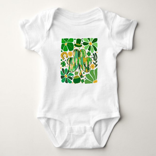 Boho Floral Glitter St Patrick Day Shamrock Baby Bodysuit (Front)