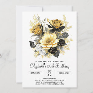 Boho Floral Gold and Black 50th Birthday Invitation