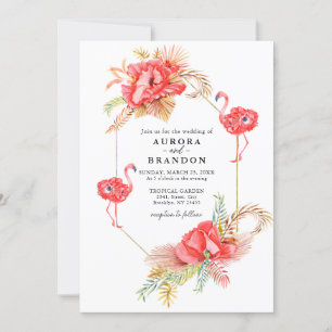 Boho Floral Gold Frame Flamingo Wedding Invitation