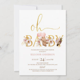 Boho Floral Gold Word Teddy Bear Baby Shower Invitation