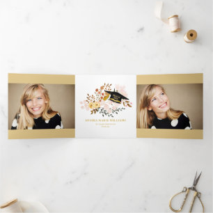 Boho Floral Graduate Multi Photo Tri-Fold Announcement