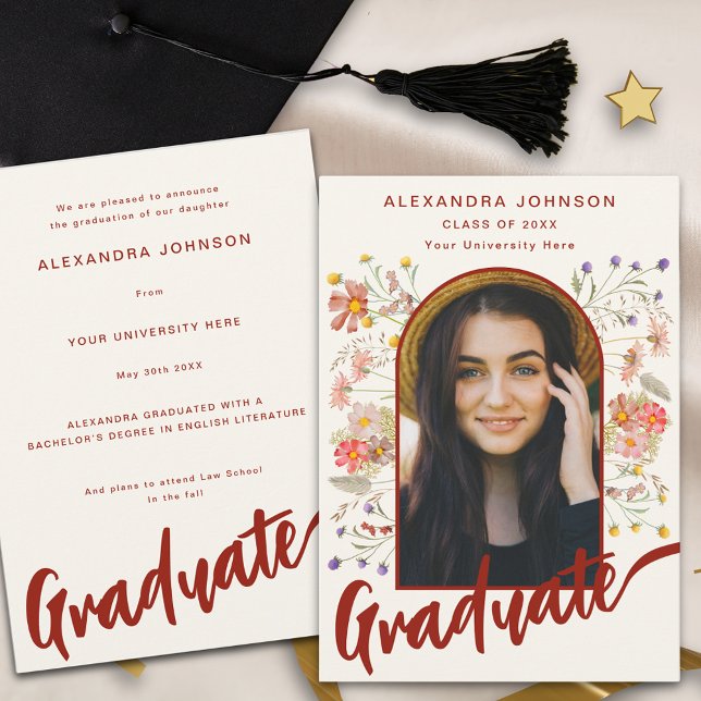 Boho Floral Graduate Photo Arch Modern Script Announcement (Boho floral burnt orange script graduate photo arch Graduation announcement card)