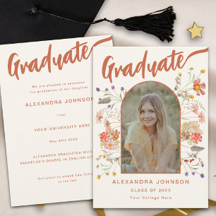 Boho Floral Graduate Photo Burnt Orange Script Announcement