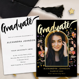 Boho floral Graduate Photo Grad Party Script Gold
