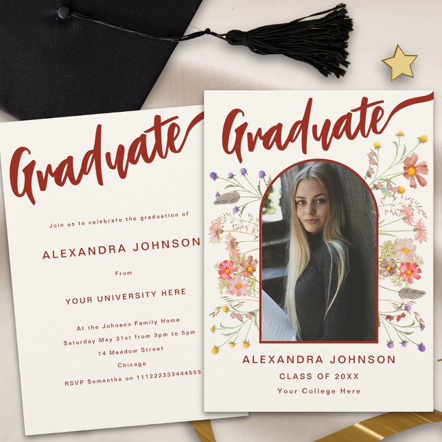 Boho Floral Graduate Photo Script Graduation Party Invitation (Boho floral burnt orange script graduate photo arch graduation  party invitation wildflowers)