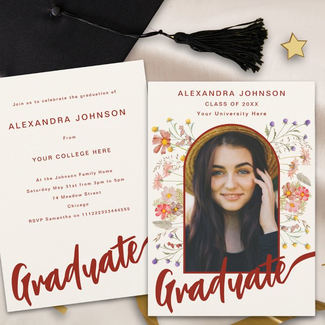 Boho Floral Graduate Photo Script Graduation Party Invitation (Boho floral burnt orange script graduate photo arch Graduation party invitation)