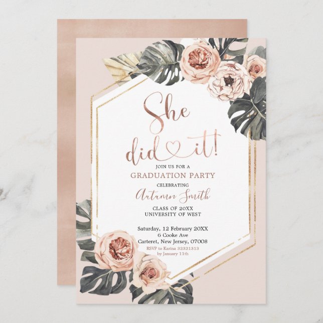 Boho Floral Graduation Party Invitation (Front/Back)