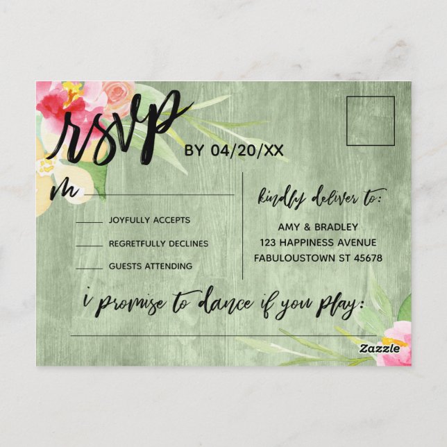 Boho Floral Green Rustic Wood Song Request RSVP Postcard (Back)