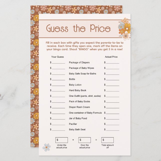Boho Floral Guess the Price Baby Shower Game (Front/Back)