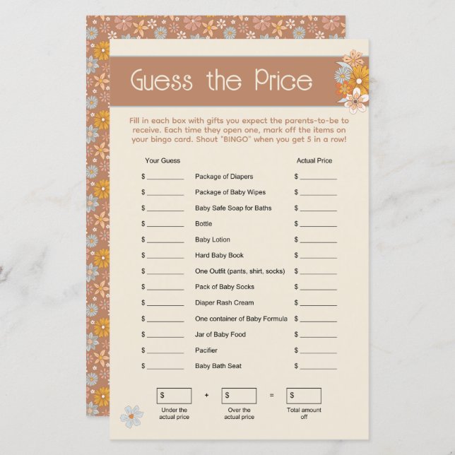 Boho Floral Guess the Price Baby Shower Game (Front/Back)
