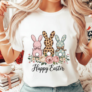 Boho Floral Happy Easter Bunnies Leopard Polka Dot T-Shirt