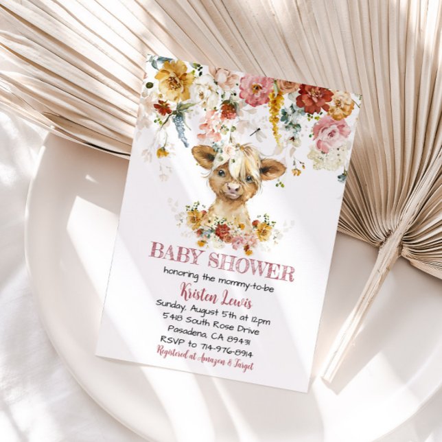 Boho Floral Highland Cow Baby Shower Invite (Creator Uploaded)