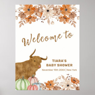 Boho Floral Highland Cow Baby Shower Welcome Poster