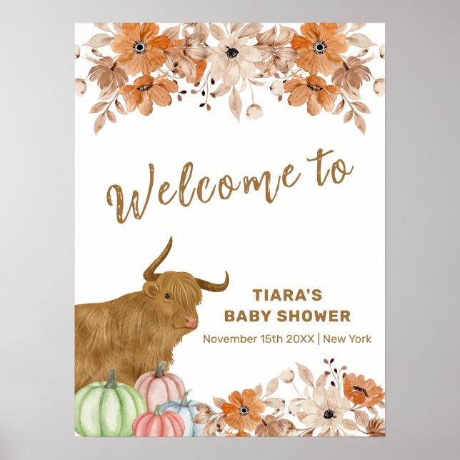 Boho Floral Highland Cow Baby Shower Welcome Poster (Front)