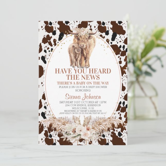 Boho Floral Highland Cow Calf Baby Shower Invitation (Standing Front)
