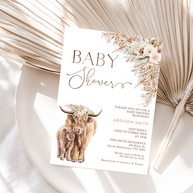 Boho Floral Highland Cow Calf Baby Shower  Invitation (Boho Floral Highland Cow baby Shower Invitation, Cow Calf Baby Shower Invite, Holy Cow Bohemian )