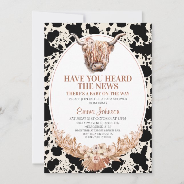 Boho Floral Highland Cow Cow Print Baby Shower Invitation (Front)