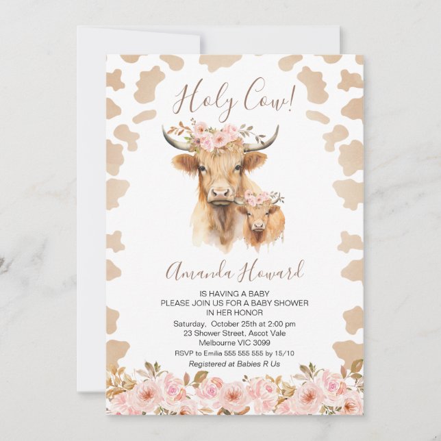 Boho Floral Highland Holy Cow Baby Shower Invitation (Front)