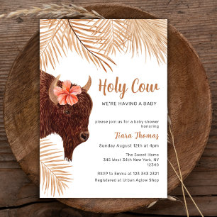 Boho Floral Holy Cow Highland Cow Baby Shower Invitation