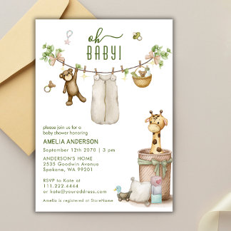 Boho Floral Jungle Clothline Animals Baby Shower  Invitation