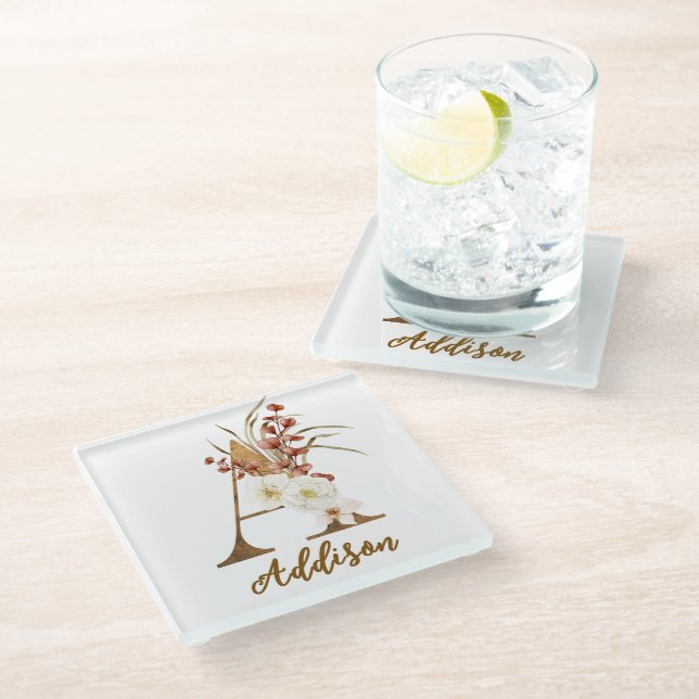 Boho Floral letter A Monogram Wedding Favour Glass Coaster (Angled)