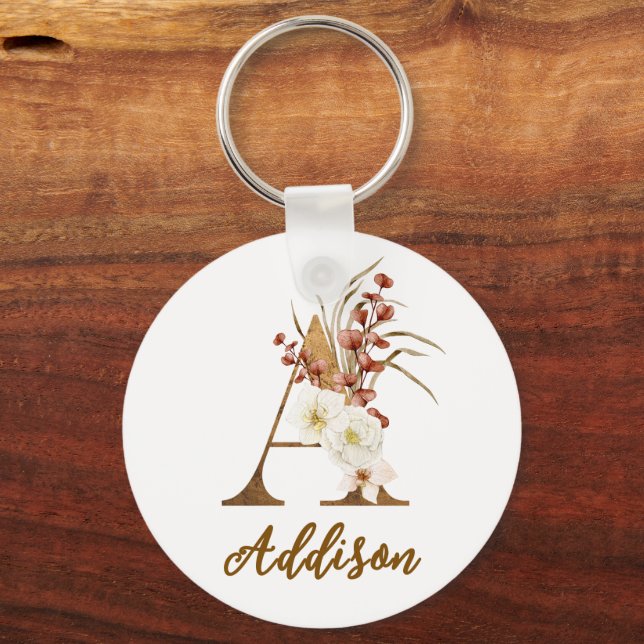 Boho Floral letter A Monogram Wedding Favour Key Ring (Front)
