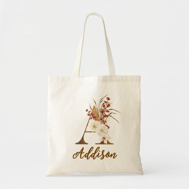 Boho Floral letter A Monogram Wedding Favour Tote Bag (Front)