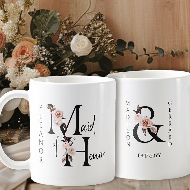 Boho Floral Letter Maid of Honour Coffee Mug (Bridal party gift to personalize for your Maid of Honor)
