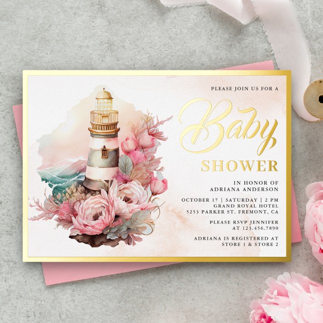 Boho Floral Lighthouse Nautical Baby Shower Gold   (Creator Uploaded)