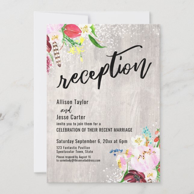 Boho Floral Lights Rustic Wood Wedding Reception Invitation (Front)