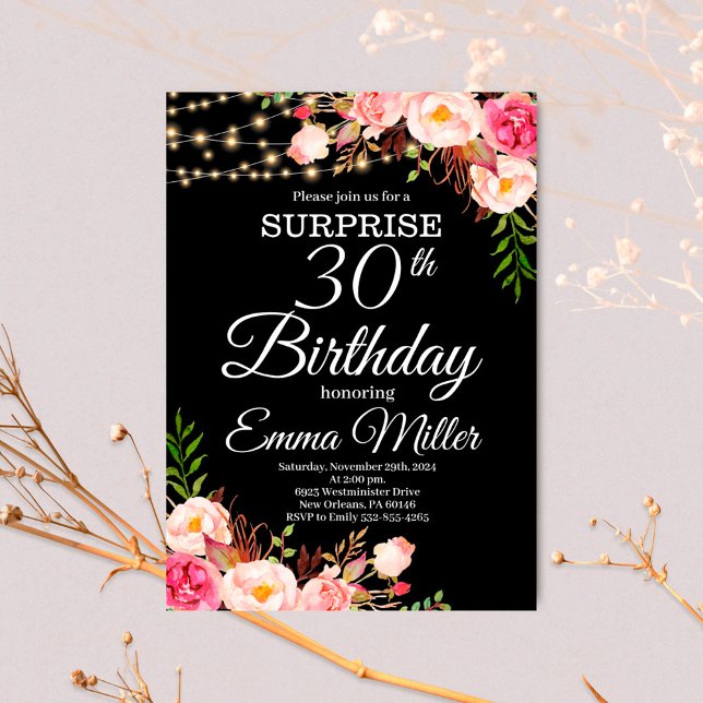 Boho Floral & Lights Surprise 30th Birthday Invitation (Creator Uploaded)