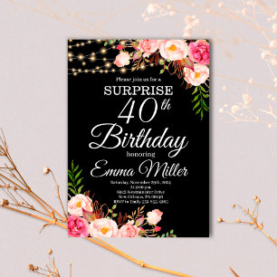 Boho Floral & Lights Surprise 40th Birthday Invitation