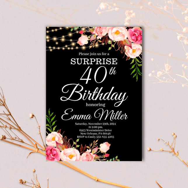 Boho Floral & Lights Surprise 40th Birthday Invitation (Creator Uploaded)