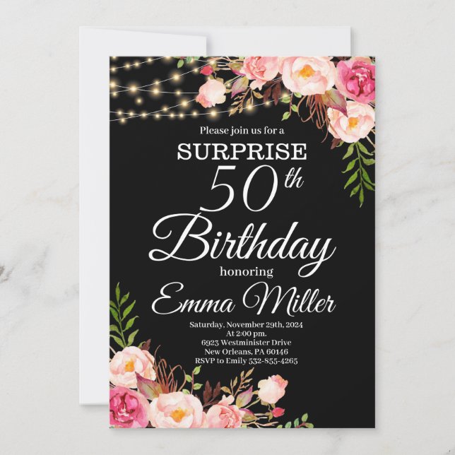 Boho Floral & Lights Surprise 50th Birthday Invitation (Front)