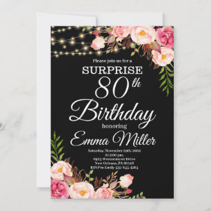 Boho Floral & Lights Surprise 80th Birthday Invitation