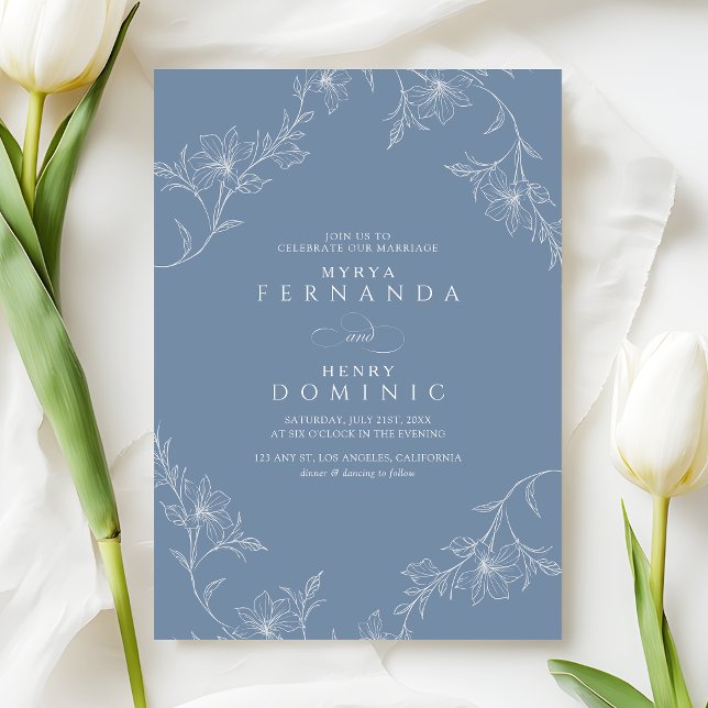 Boho Floral Line Art Dusty Blue Wedding Invitation (Creator Uploaded)