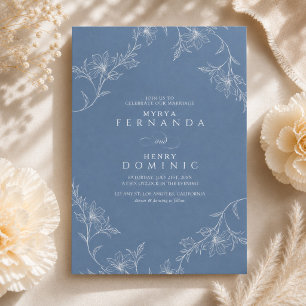 Boho Floral Line Art Dusty Blue Wedding Invitation