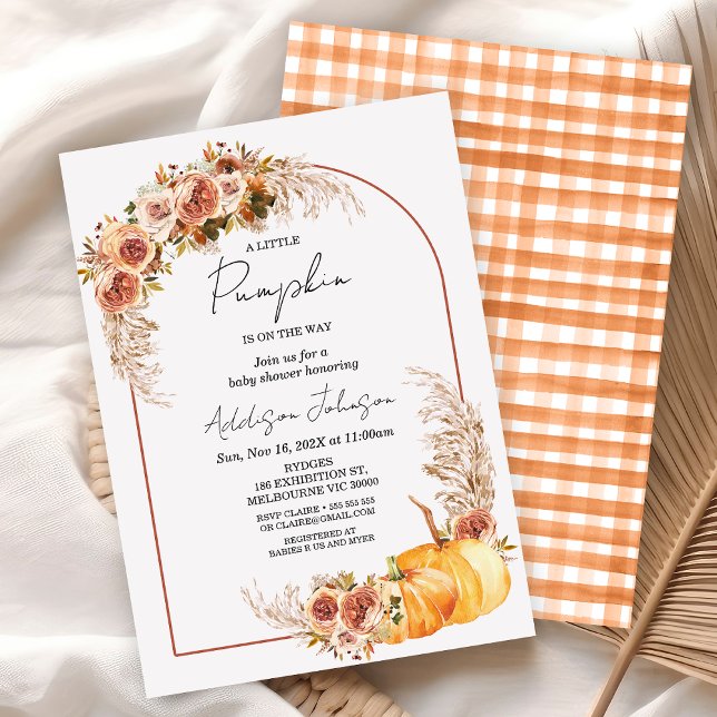Boho Floral Little Pumpkin Baby Shower Invitation (Fall Little Pumpkin Baby Shower Invitation, Gender Neutral Autumn Baby Shower Modern Arch Floral)