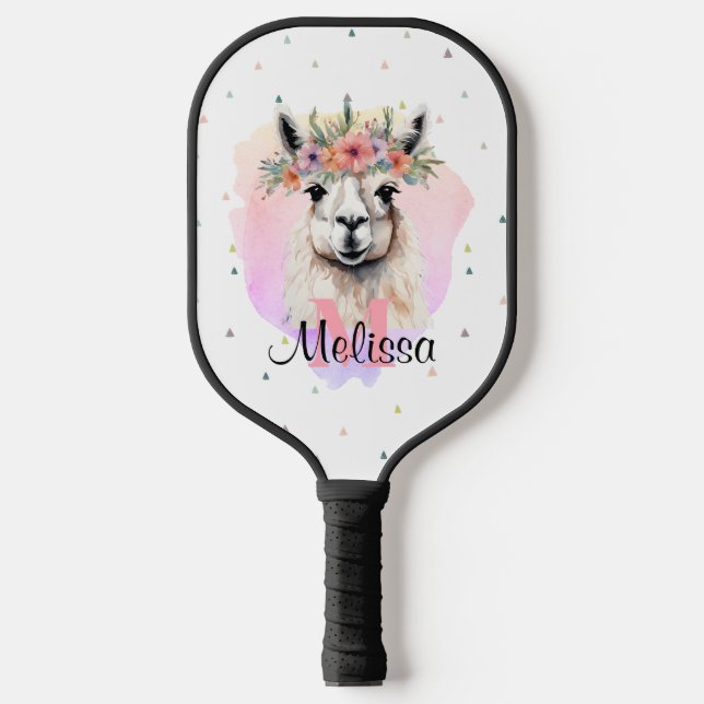 Boho Floral Llama Wildflowers Monogram Pretty Pickleball Paddle (Front)