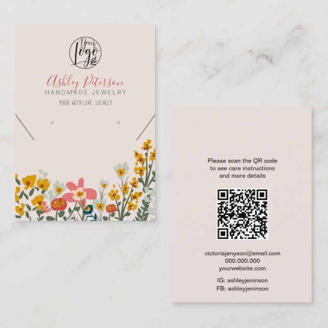 Boho floral logo jewellery earring necklace Qr cod Business Card (Front/Back)