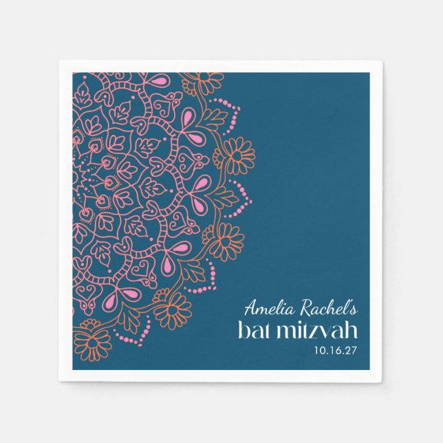 Boho Floral Mandala Teal Blue Bat Mitzvah Custom  Napkin (Front)