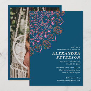 Boho Floral Mandala Teal Photo Graduation Party Invitation