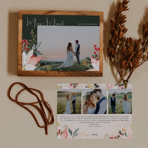 Boho Floral Merry and Married Four Photo Christmas Holiday Card