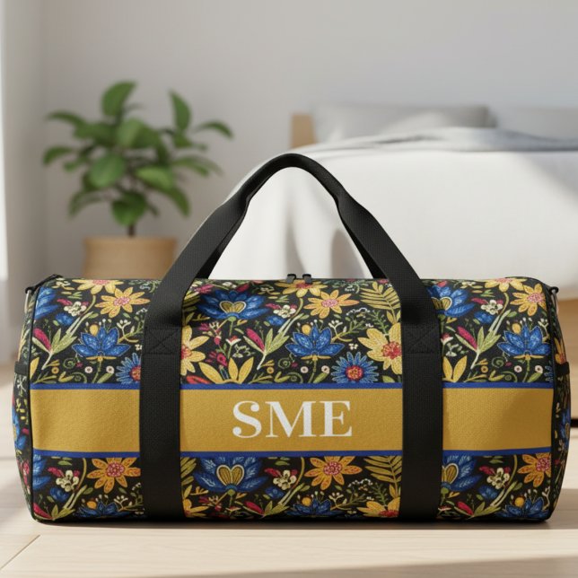 Boho Floral Monogram Gift for Her Duffle Bag (Afro Bohemian Floral Monogram Duffle Bag)