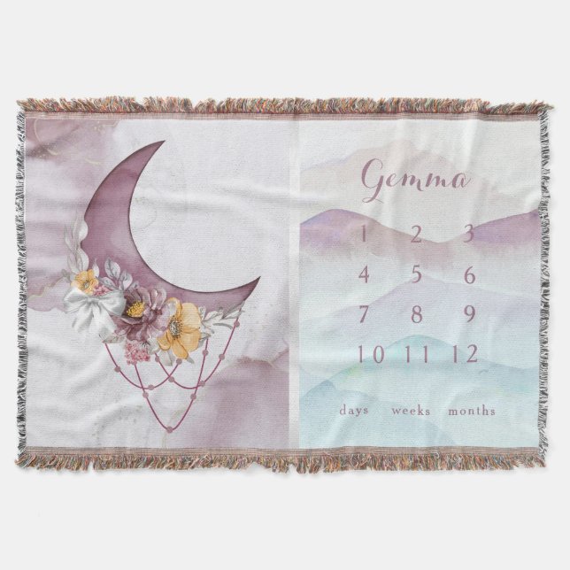 Boho Floral Moon Milestone Baby Blanket (Front)