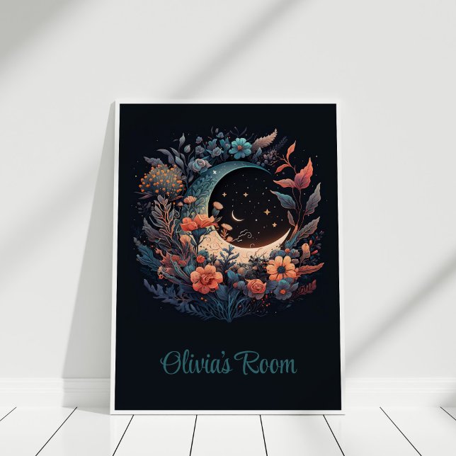 Boho Floral Moon with Custom Name Poster (Boho Floral Moon with Custom Name Poster in a white frame.)