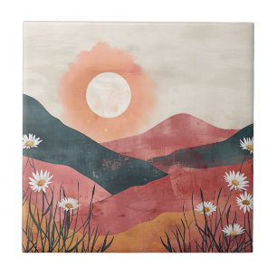 Boho Floral Mountain Sunset – Rustic Nature Ceramic Tile