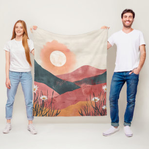 Boho Floral Mountain Sunset – Rustic Nature Fleece Blanket