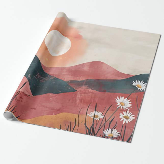 Boho Floral Mountain Sunset – Rustic Nature Wrapping Paper (Unrolled)