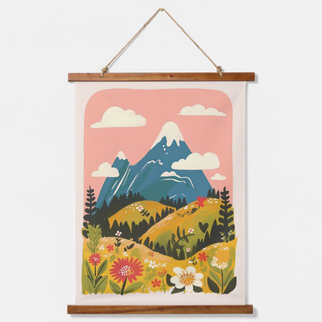 Boho Floral Mountains Landscape Illustration Hanging Tapestry (Front)